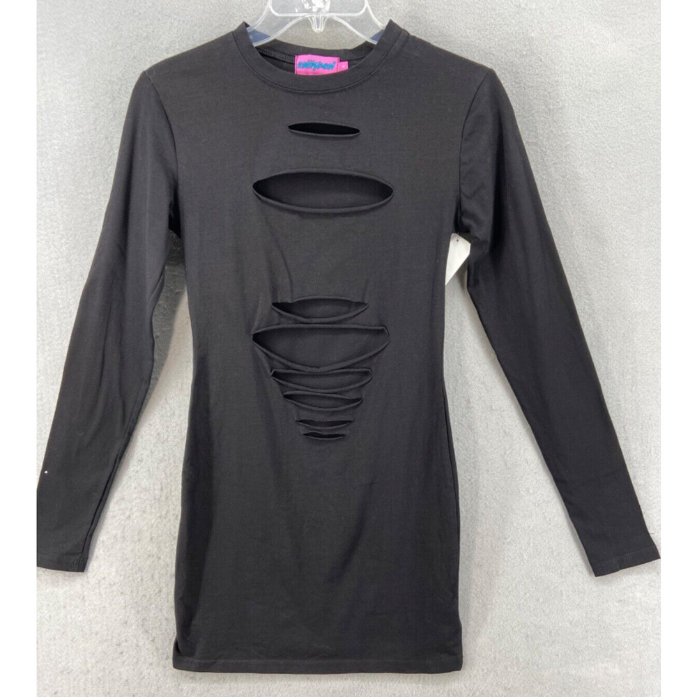 Edikted Dress Womens Sz Small Black Cutout Widow Mini Stretch Long Sleeve